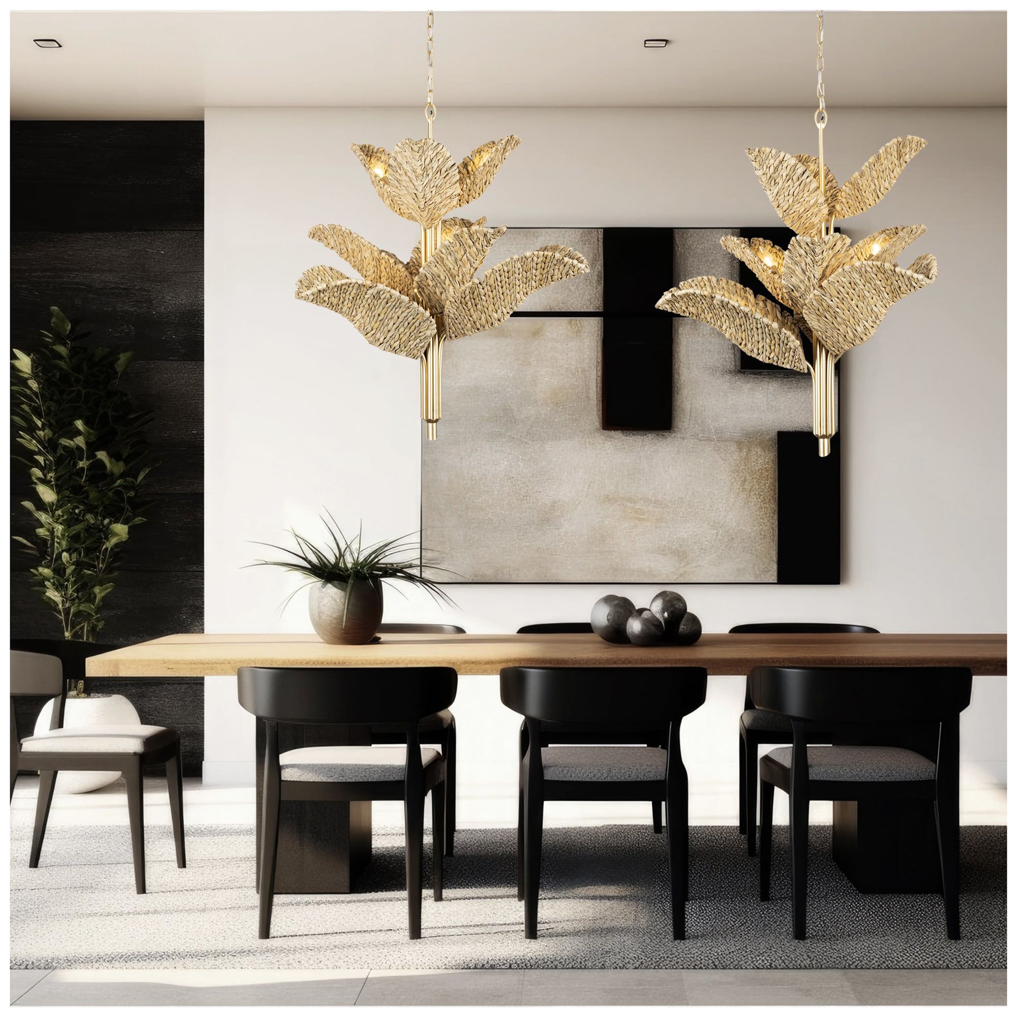 Banana Leaf 9-Lt Chandelier - French Gold/Natural Seagrass