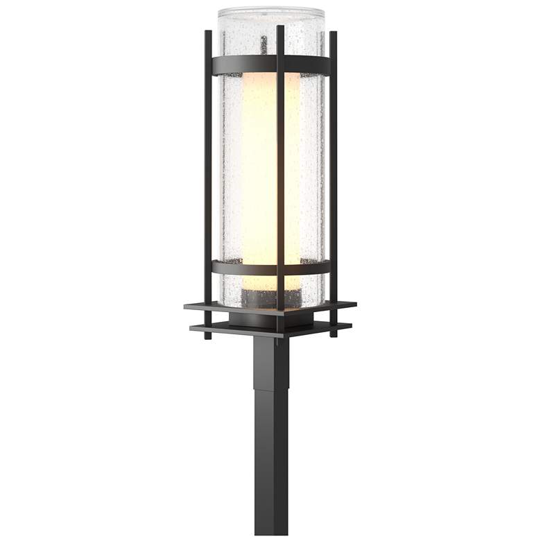 Image 1 Banded Coastal Black Outdoor Post Light With Opal & Seeded Glass
