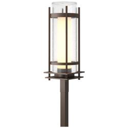 Banded Coastal Bronze Outdoor Post Light With Opal & Seeded Glass