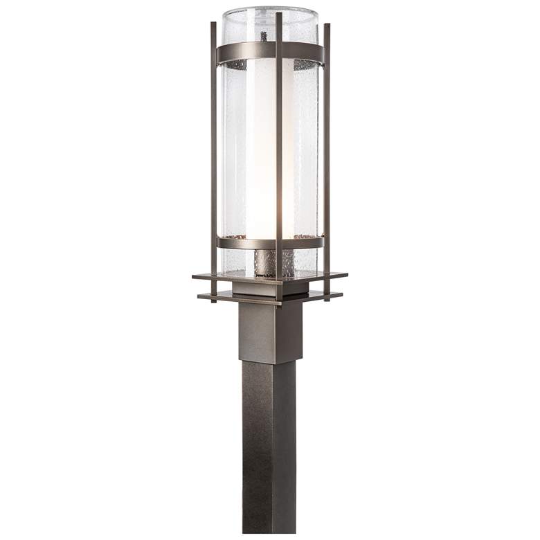Image 1 Banded Seeded Glass Outdoor Post Light - Smoke - Opal and Seeded Glass