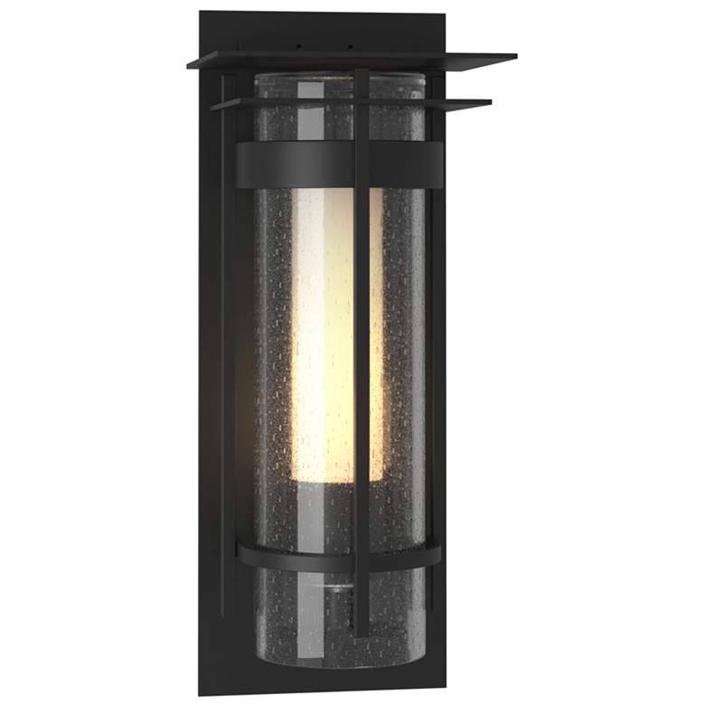 Image 1 Banded Small Outdoor Sconce with Top Plate - Black - Opal and Seeded Glass