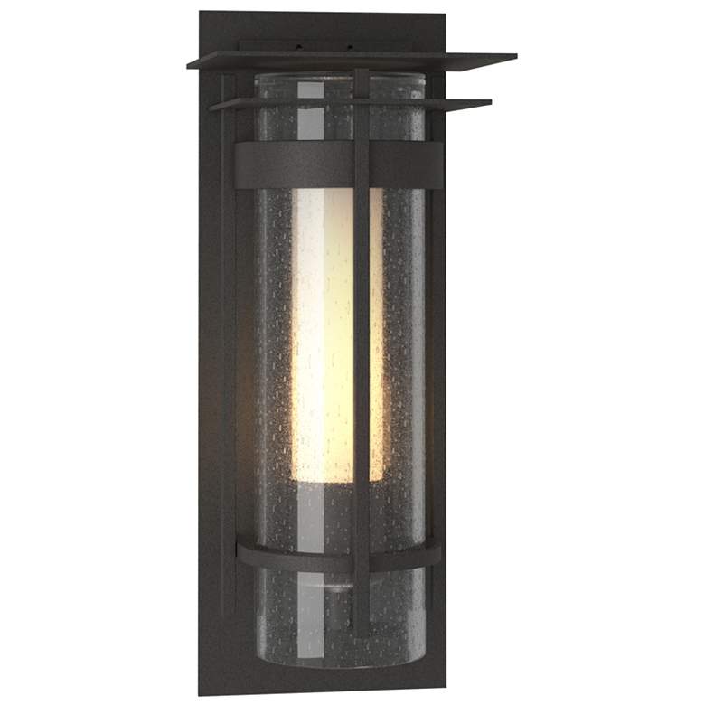 Image 1 Banded Small Outdoor Sconce with Top Plate - Iron - Opal and Seeded Glass