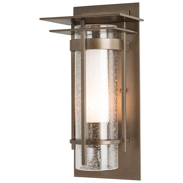 Image 1 Banded Small Outdoor Sconce with Top Plate - Smoke - Opal and Seeded Glass