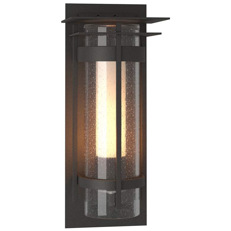 Image 1 Banded Top Plate Outdoor Sconce - Iron Finish - Opal and Seeded Glass