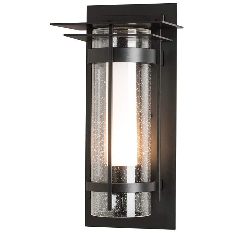 Image 1 Banded Top Plated Coastal Black Outdoor Sconce With Opal &#38; Seeded Glass