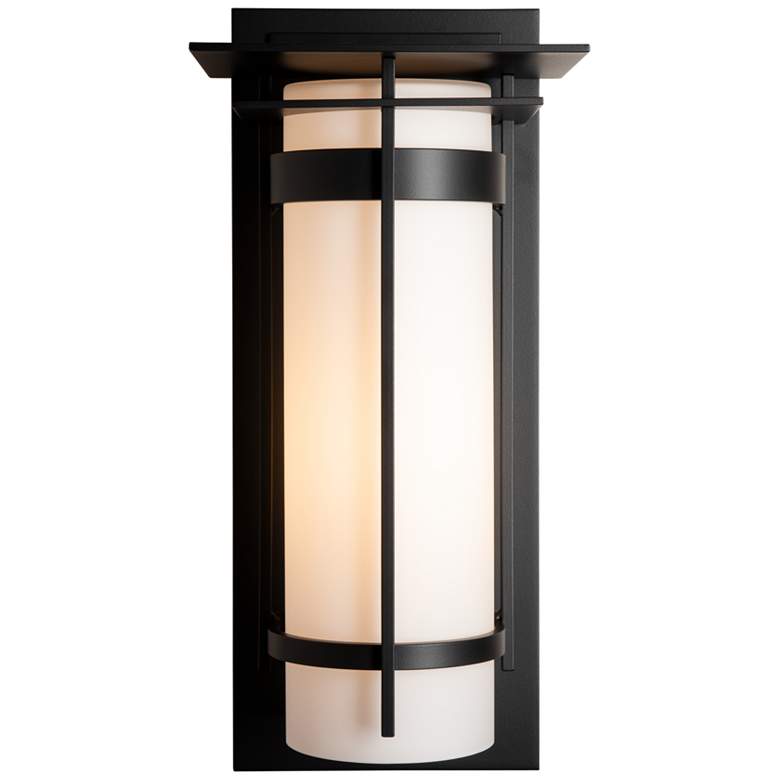 Image 1 Banded with Top Plate Coastal Black Large Outdoor Sconce With Opal Glass