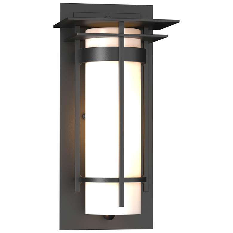 Image 1 Banded with Top Plate Small Outdoor Sconce - Black Finish - Opal Glass
