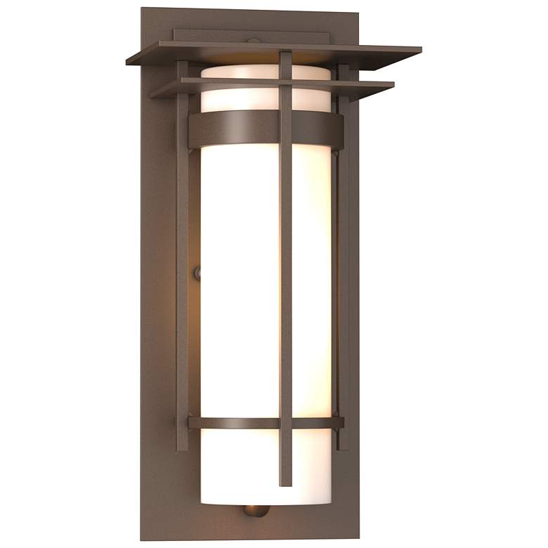 Image 1 Banded with Top Plate Small Outdoor Sconce - Bronze Finish - Opal Glass