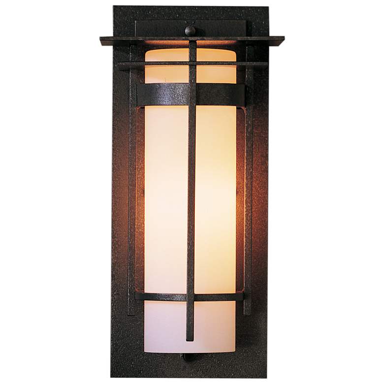 Image 1 Banded with Top Plate Small Outdoor Sconce - Iron Finish - Opal Glass