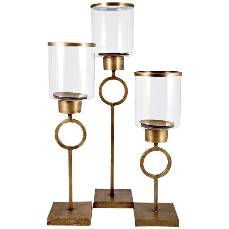 Image 1 Bangle Antique Brass Clear 3-Piece Pillar Candle Holder Set