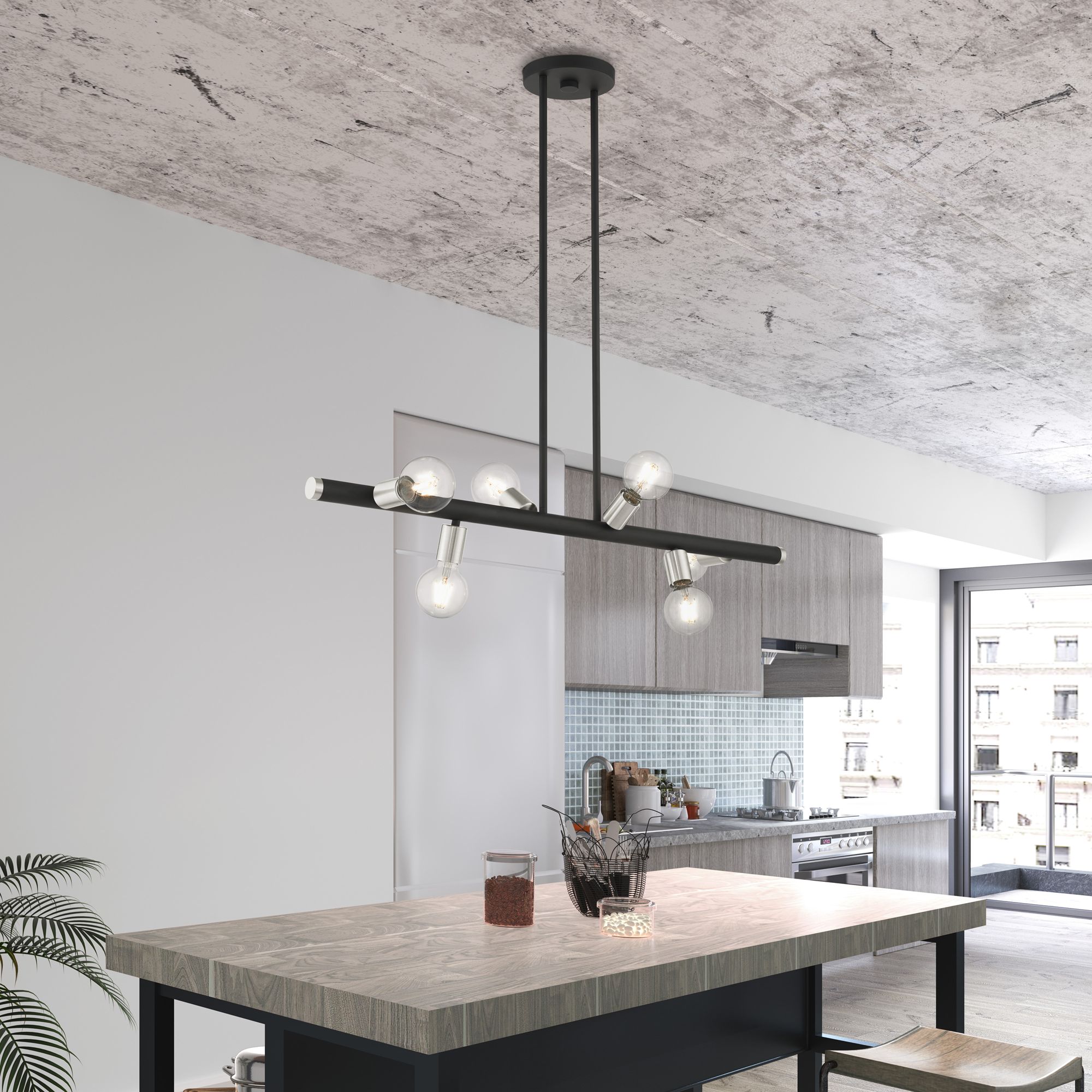 Bannister 37" Wide Black 6-Light Black Linear Chandelier in scene