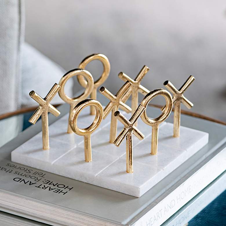Image 1 Banswara White Marble and Gold Tic-Tac-Toe Game