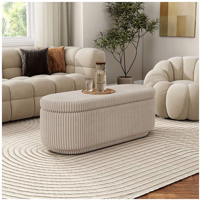 Image 2 Baraz 46.75" Modern Oval Beige Pink Chenille Corduroy Bench With Storage more views