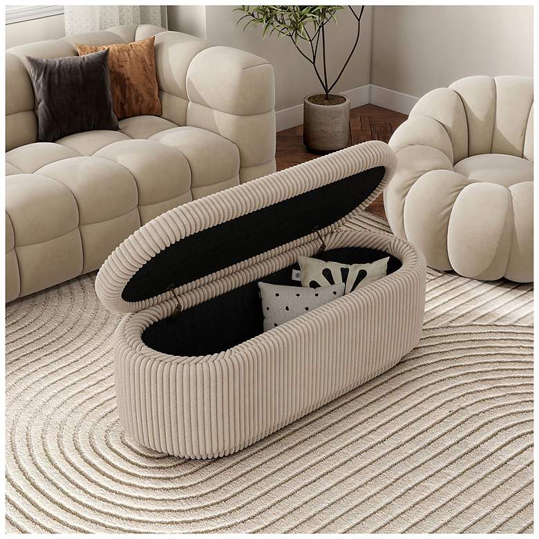 Image 4 Baraz 46.75" Modern Oval Beige Pink Chenille Corduroy Bench With Storage more views