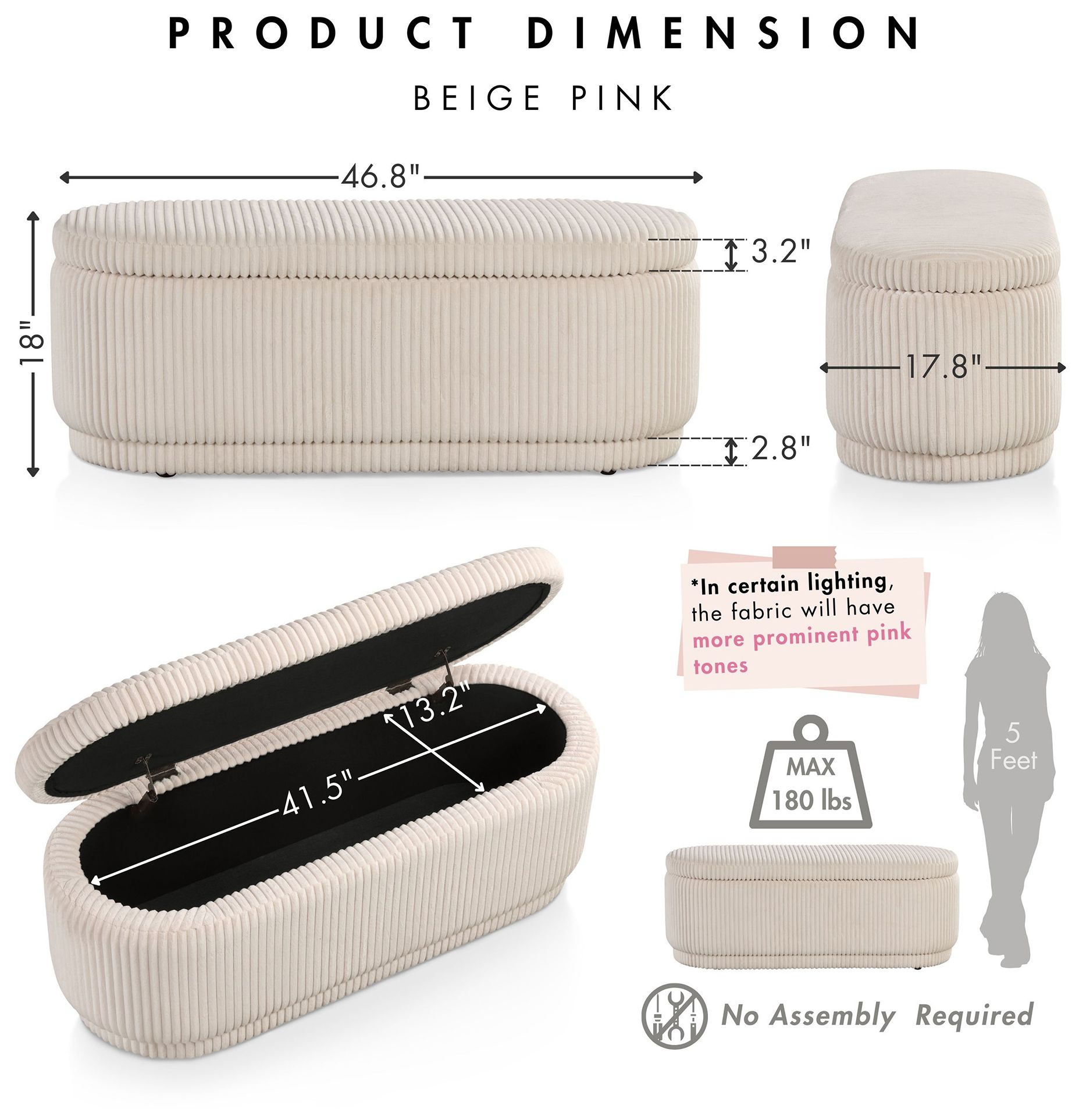 Baraz 46.75" Modern Oval Beige Pink Chenille Corduroy Bench With Storage