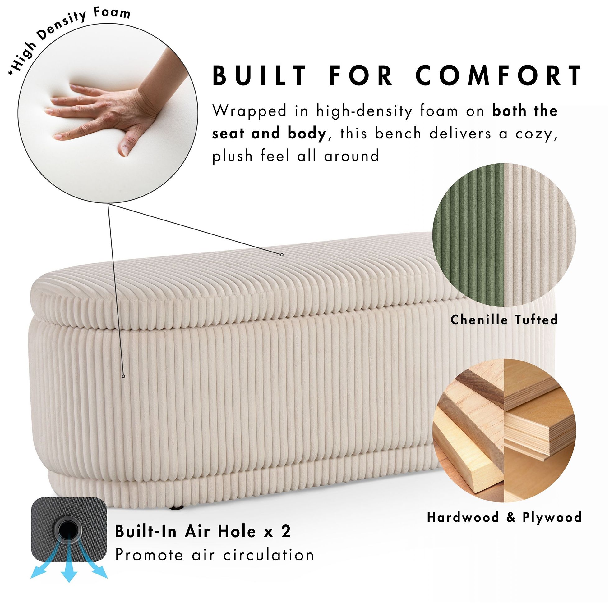 Baraz 46.75" Modern Oval Beige Pink Chenille Corduroy Bench With Storage