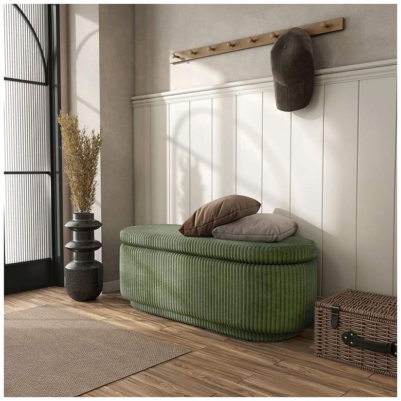 Image 2 Baraz 46.75" Modern Oval Green Chenille Corduroy Bench With Storage more views