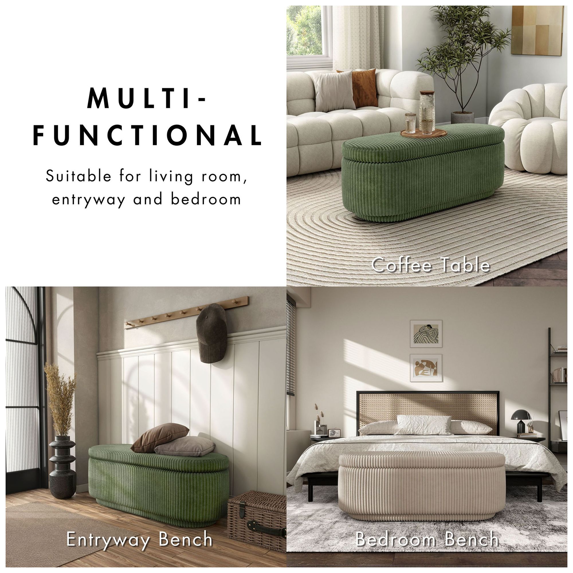 Baraz 46.75" Modern Oval Green Chenille Corduroy Bench With Storage