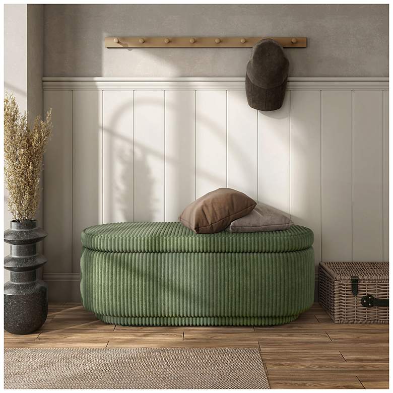 Image 3 Baraz 46.75" Modern Oval Green Chenille Corduroy Bench With Storage more views