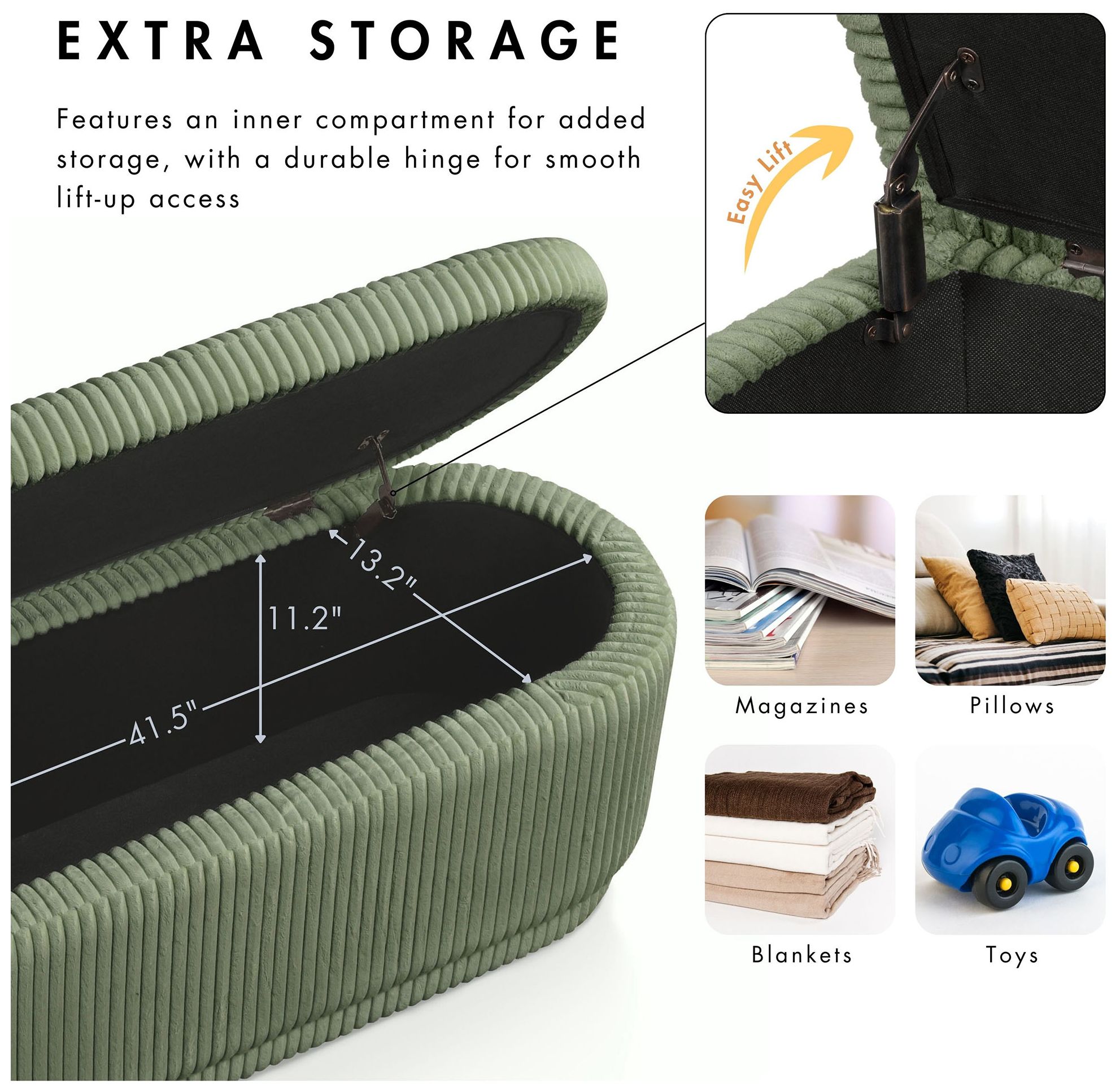 Baraz 46.75" Modern Oval Green Chenille Corduroy Bench With Storage