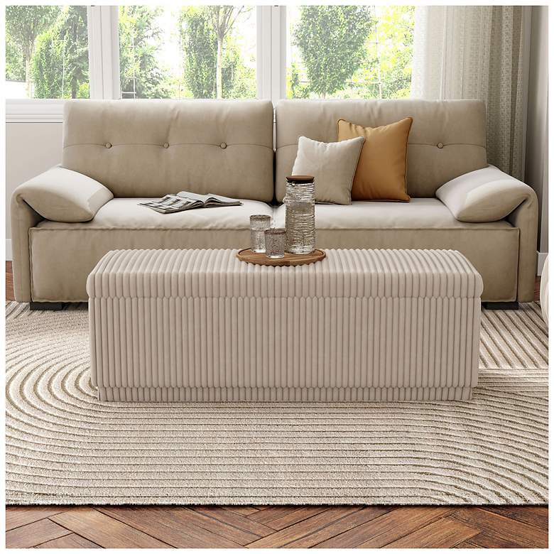 Image 2 Baraz 48" Modern Rectangle Beige Pink Chenille Corduroy Bench With Storage more views