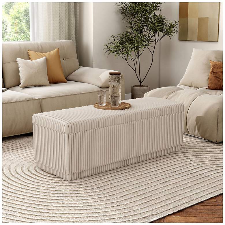 Image 3 Baraz 48" Modern Rectangle Beige Pink Chenille Corduroy Bench With Storage more views