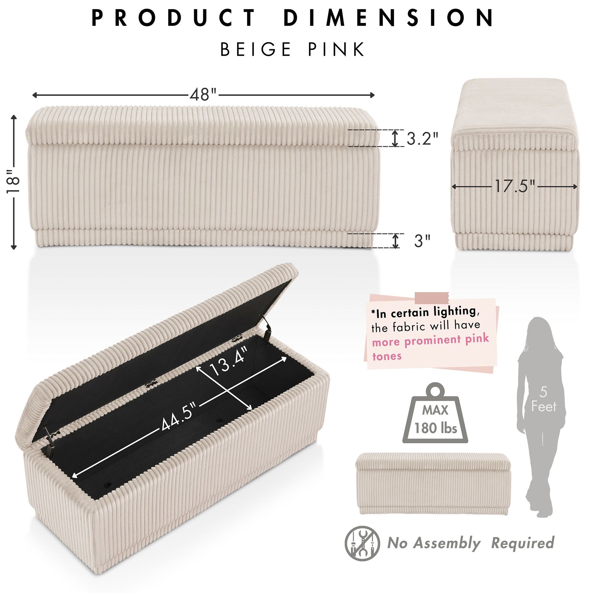 Baraz 48" Modern Rectangle Beige Pink Chenille Corduroy Bench With Storage