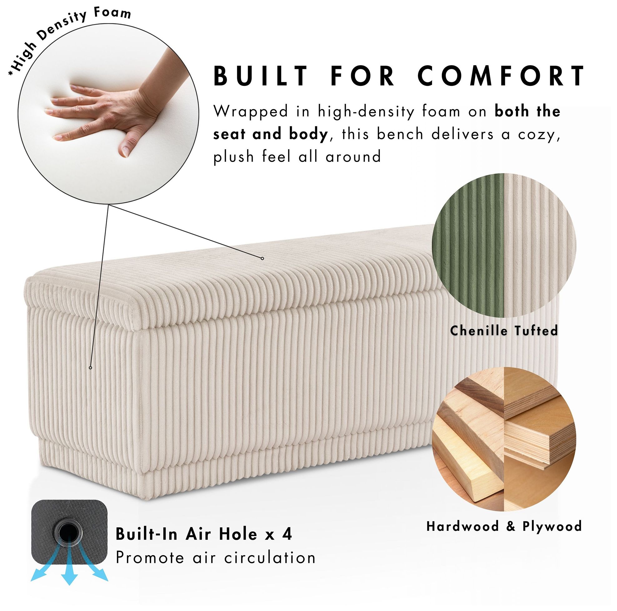 Baraz 48" Modern Rectangle Beige Pink Chenille Corduroy Bench With Storage