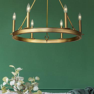 Barclay 25" Wide Olde Brass 6-Light Wagon Wheel Chandelier