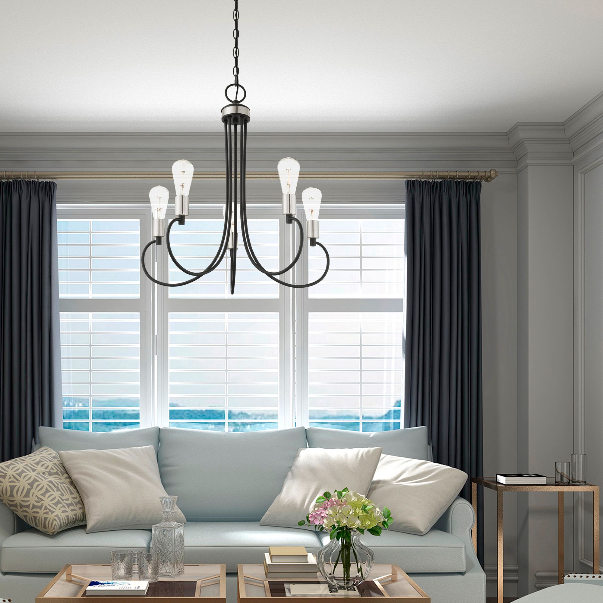 Bari 25 1/2"W Black with Brushed Nickel 5-Light Chandelier in scene