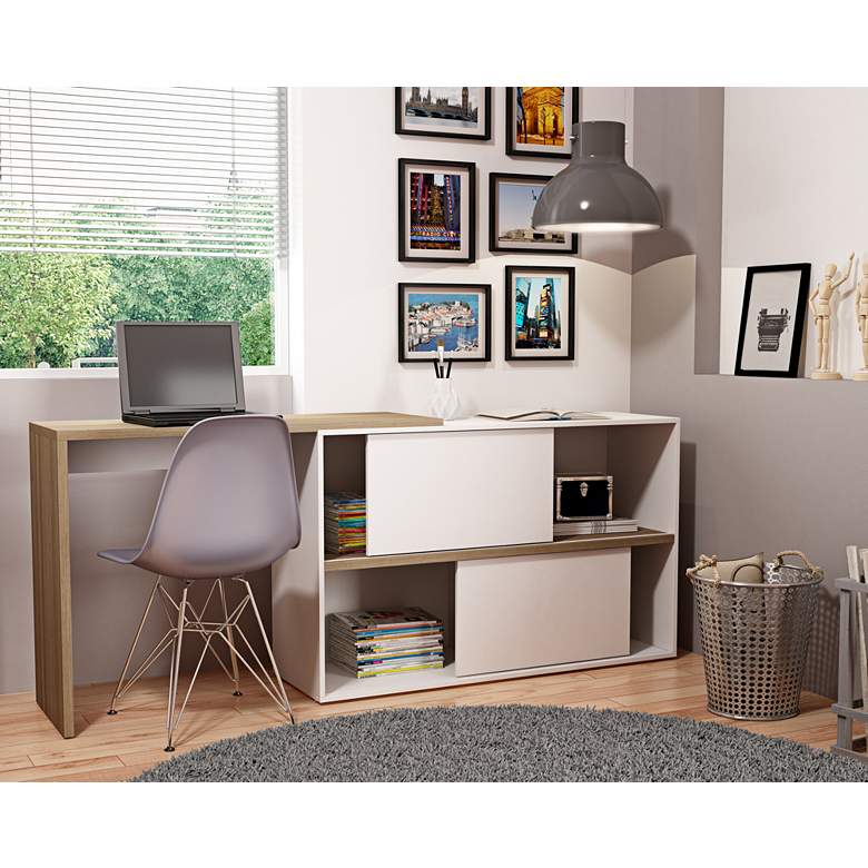 Image 1 Bari Bari 42 1/4 inch Wide Oak and White 2-Door Bookcase Desk