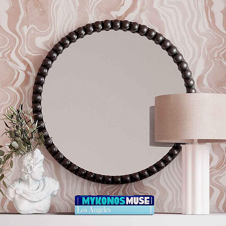 Image 2 Baria Painted Black Wooden Beaded 30" Round Wall Mirror