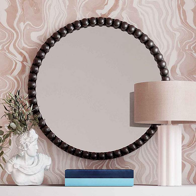 Image 2 Baria Painted Black Wooden Beaded 30 inch Round Wall Mirror