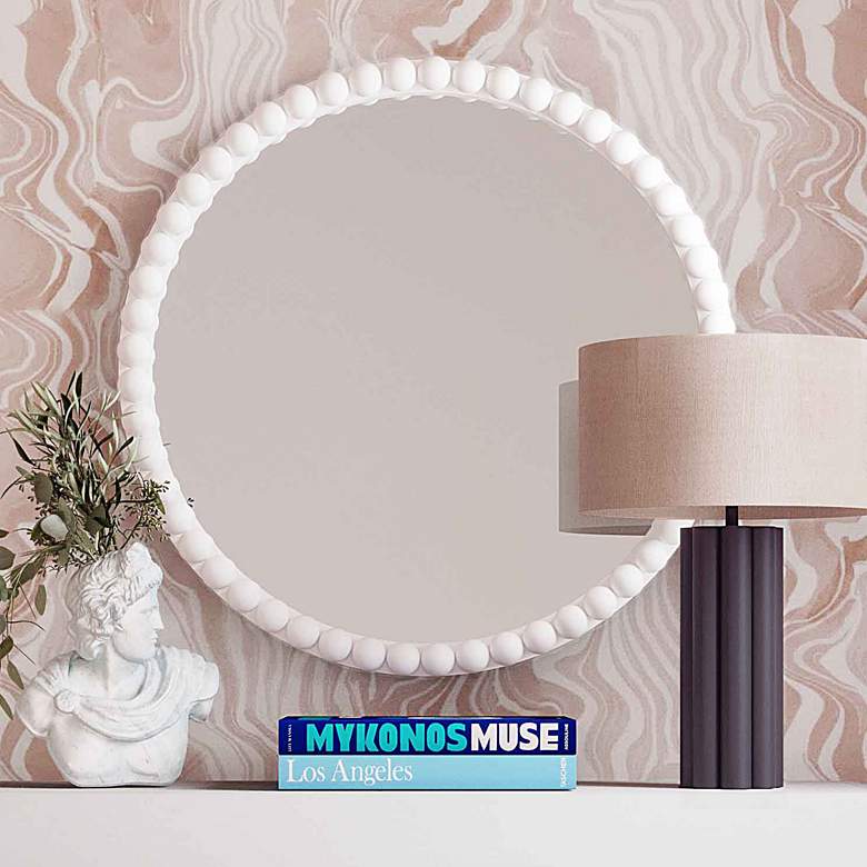 Image 2 Baria Painted White Wooden Beaded 30" Round Wall Mirror