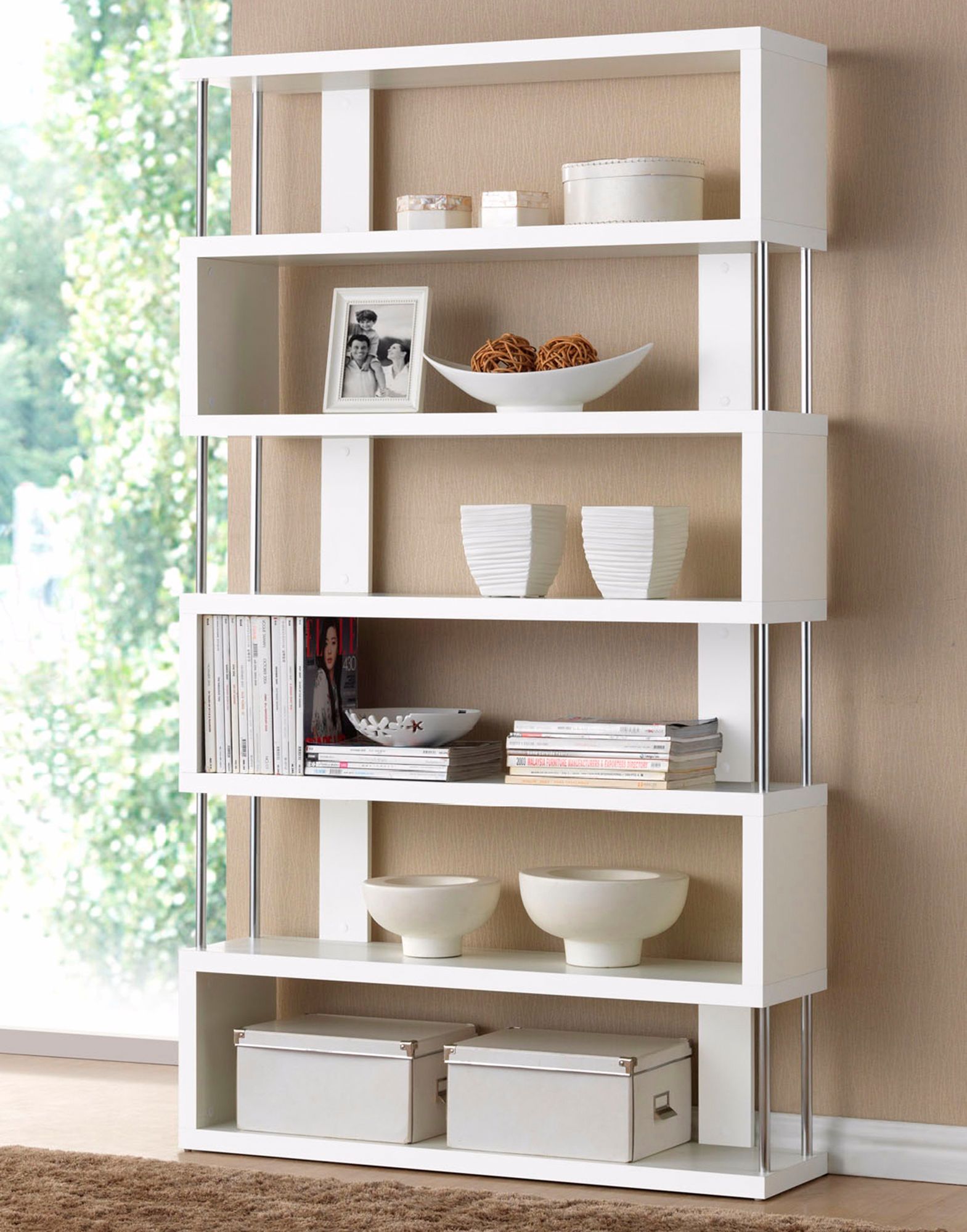 Barnes 75 1 2 High White Finish Six Shelf Modern Bookcase