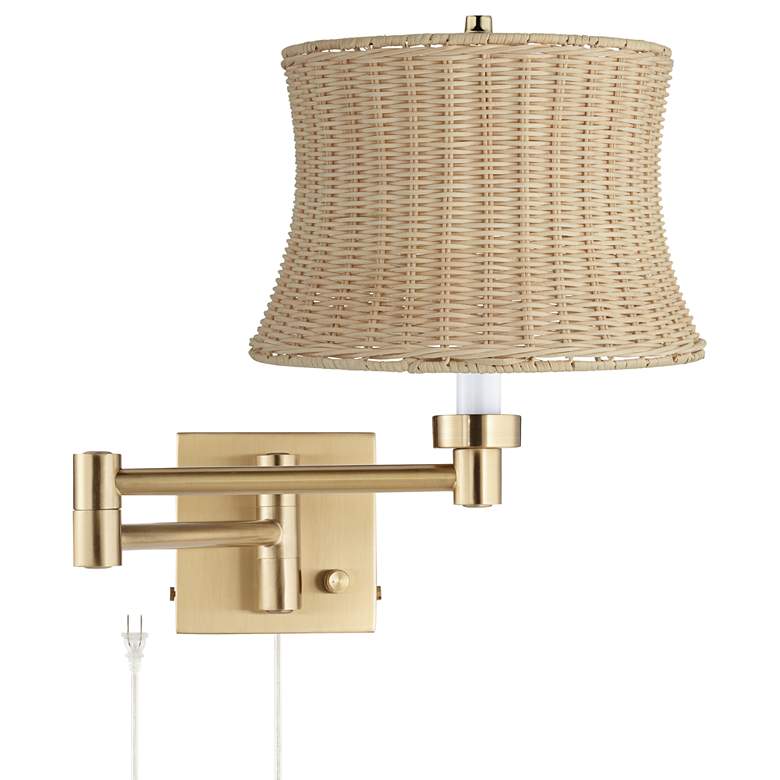 Image 1 Barnes and Ivy Alta Gold Plug-In Swing Arm Wall Lamp with Rattan Shade