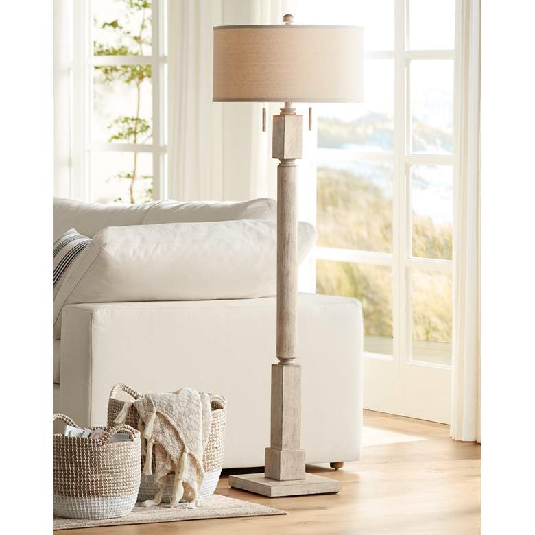 Image 1 Barnes and Ivy Baluster 63 1/2 inch Coastal Rustic Pickled Wood Floor Lamp