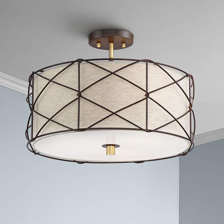 Image 1 Barnes and Ivy Brennan 18 inch Wide Oatmeal Linen 3-Light Ceiling Light