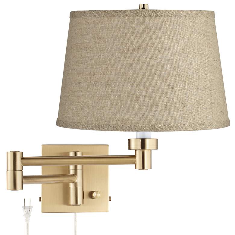 Image 1 Barnes and Ivy Burlap and Warm Gold Plug-In Swing Arm Wall Light
