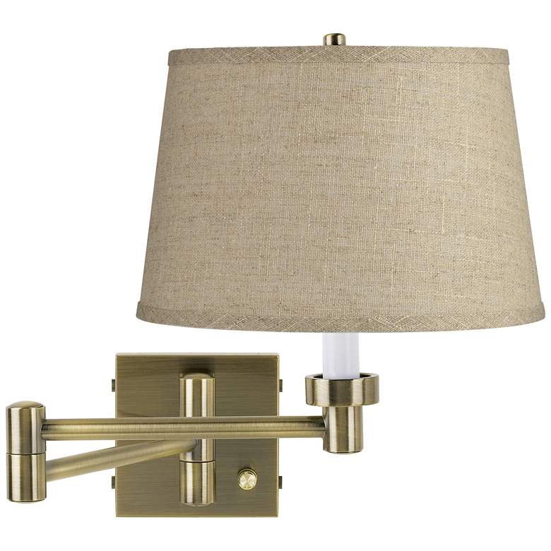 Image 1 Barnes and Ivy Burlap Drum Shade Antique Brass Plug-In Swing Arm Wall Lamp