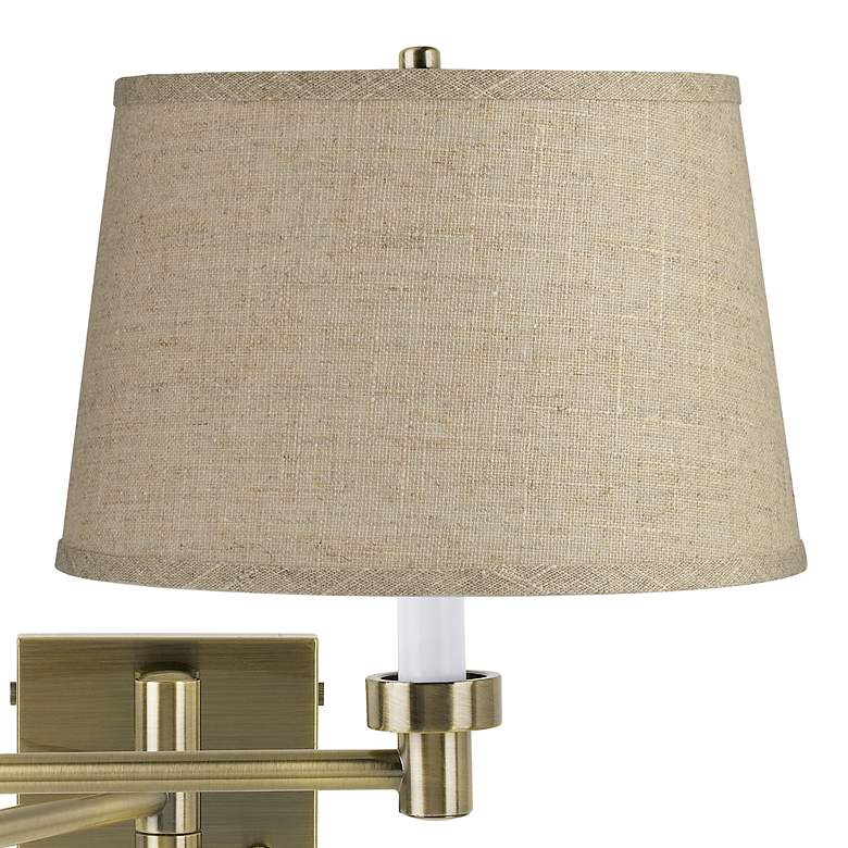 Image 2 Barnes and Ivy Burlap Drum Shade Antique Brass Plug-In Swing Arm Wall Lamp more views