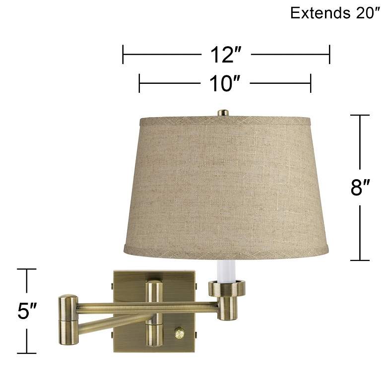 Image 4 Barnes and Ivy Burlap Drum Shade Antique Brass Plug-In Swing Arm Wall Lamp more views