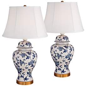 Image2 of Barnes and Ivy Clarissa Blue and White Rose Ceramic Table Lamps Set of 2