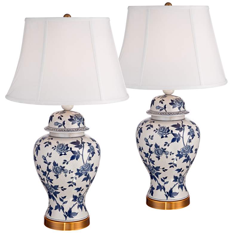 Image 2 Barnes and Ivy Clarissa Blue and White Rose Ceramic Table Lamps Set of 2