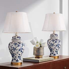 Image1 of Barnes and Ivy Clarissa Blue and White Rose Ceramic Table Lamps Set of 2
