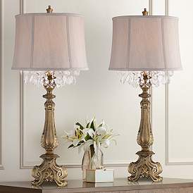 Image1 of Barnes and Ivy Dubois Antique Gold and Crystal Console Table Lamps Set of 2