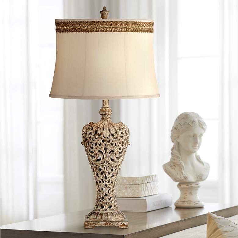 Image 1 Barnes and Ivy Elle Gold Table Lamp with Florentine Scroll Trim Shade