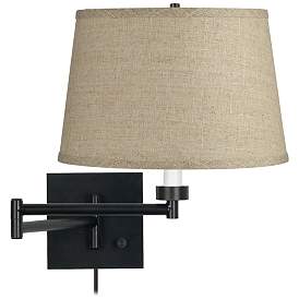 Image1 of Barnes and Ivy Espresso Black Burlap Drum Shade Plug-In Swing Arm Wall Lamp
