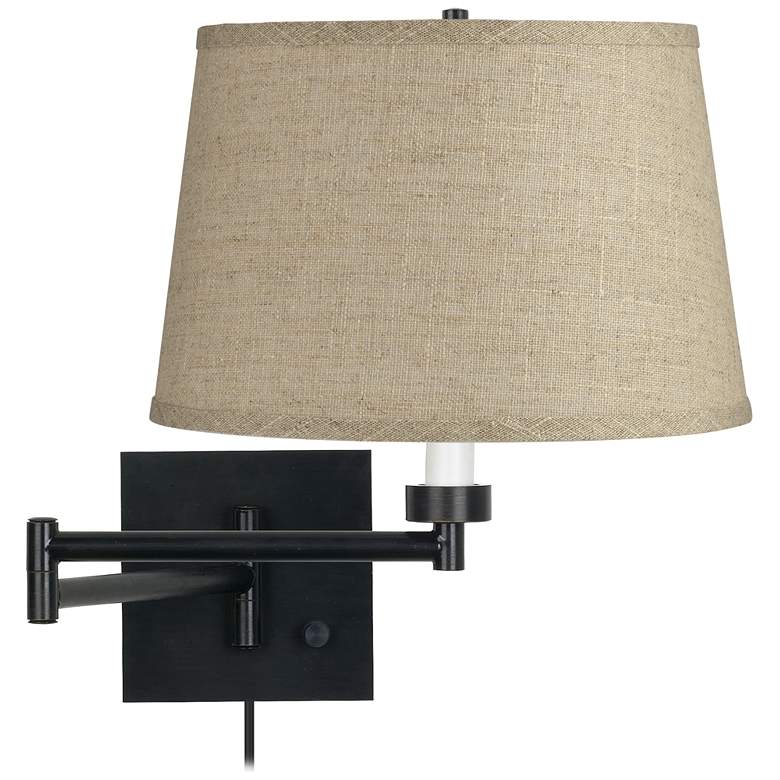 Image 1 Barnes and Ivy Espresso Black Burlap Drum Shade Plug-In Swing Arm Wall Lamp