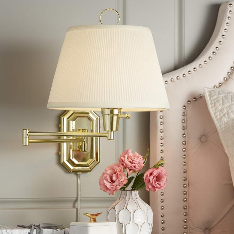 Image 1 Barnes and Ivy Fredericks Brass with Ivory Pleated Shade Plug-In Wall Lamp